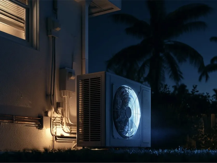 Concept art from the Gonzalez Repair website: an AC condenser glowing cold blue under the palms at night