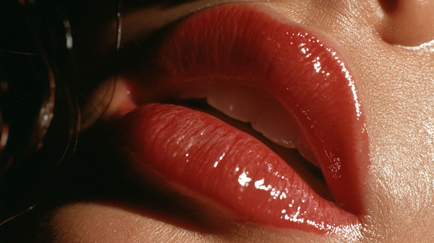 Labios coral con brillo