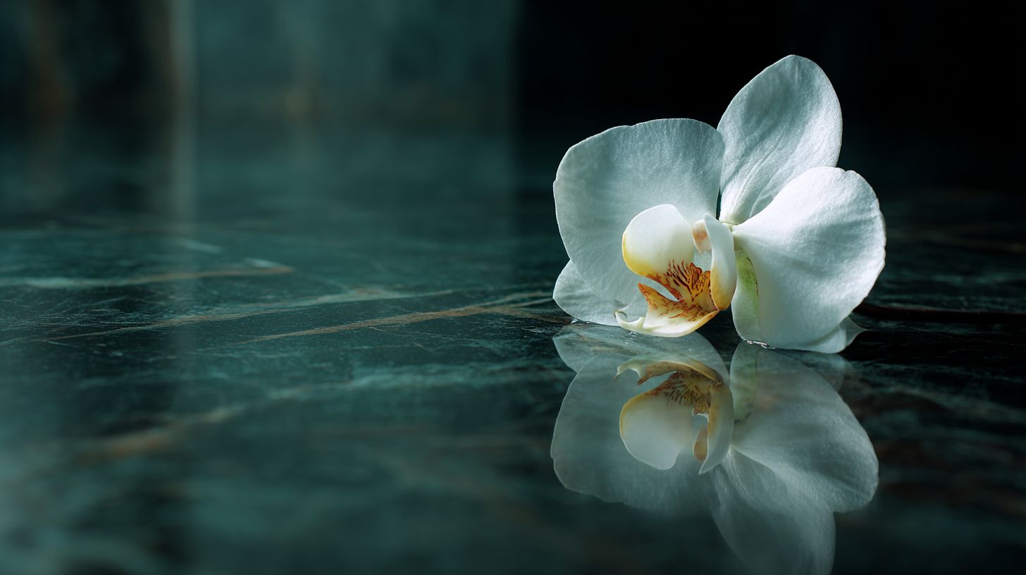 Orquídea blanca sobre mármol negro con luz esmeralda